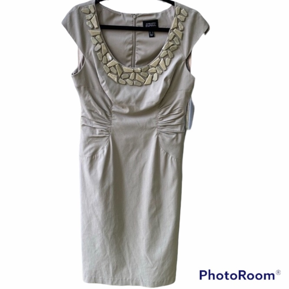 NWT Adriana Papell Women’s Midi Knee Length Capped Sleeve Jeweled Dress, Taupe